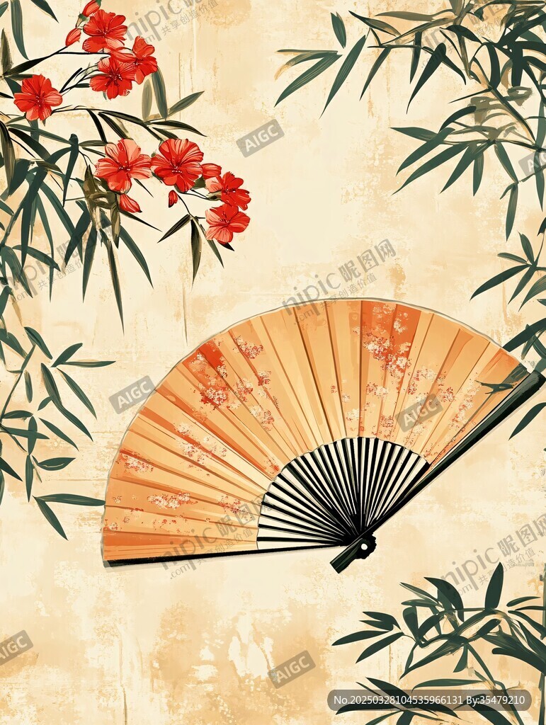古风折扇与花卉竹叶图