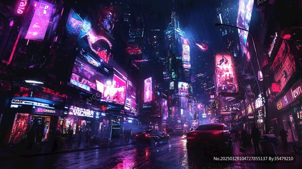 霓虹夜色下的未来都市街道
