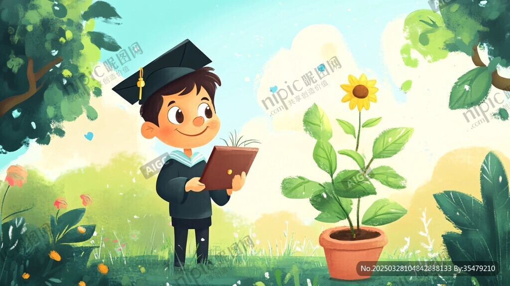 毕业少年在花园中惬意读书