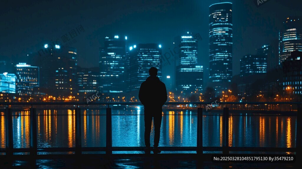 夜晚城市湖畔的孤独身影