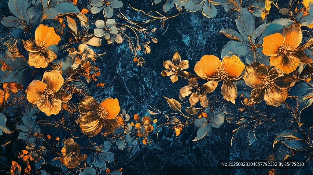 深蓝背景上的绚丽花卉图案