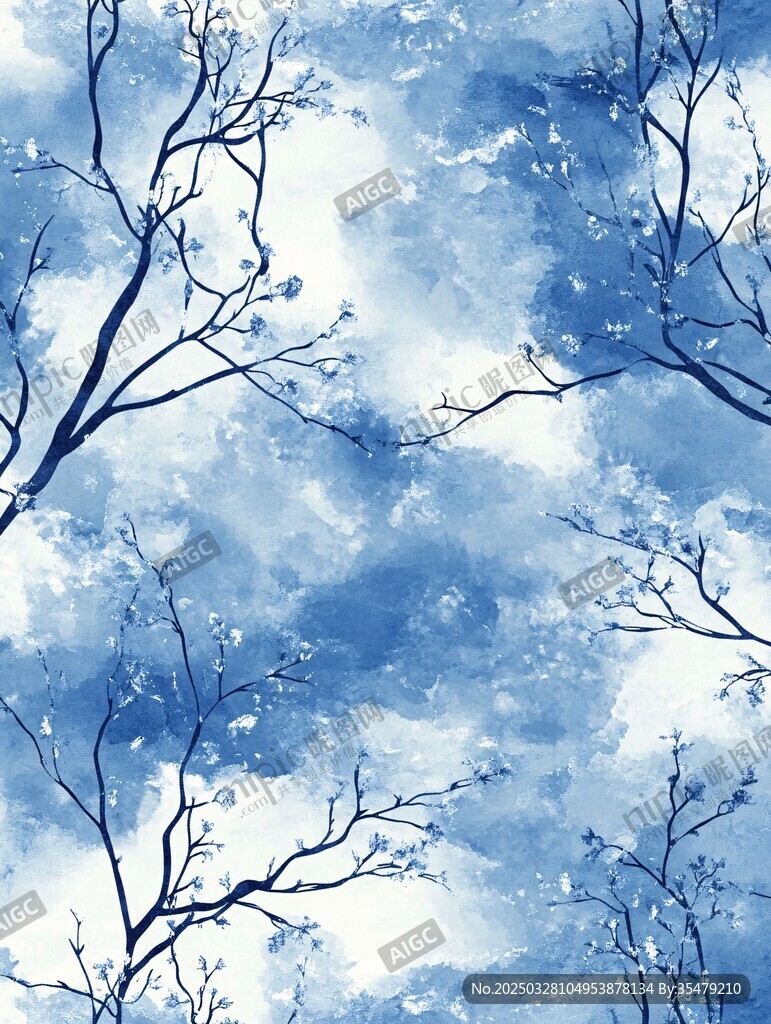蓝调水墨风树枝天空图景