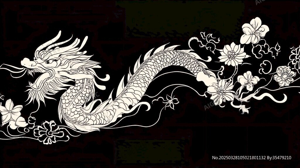 龙与花卉精美黑白纹饰