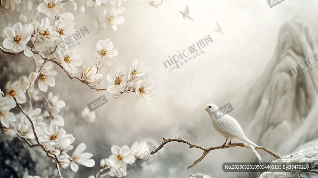 玉兰花枝上的白鸽静景