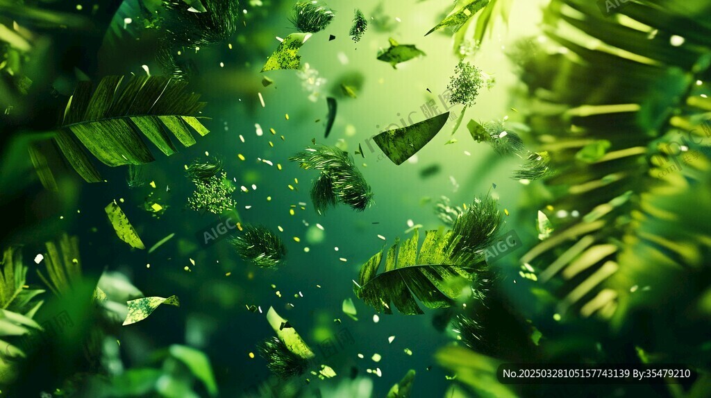 梦幻绿意丛林 叶片飞舞景象