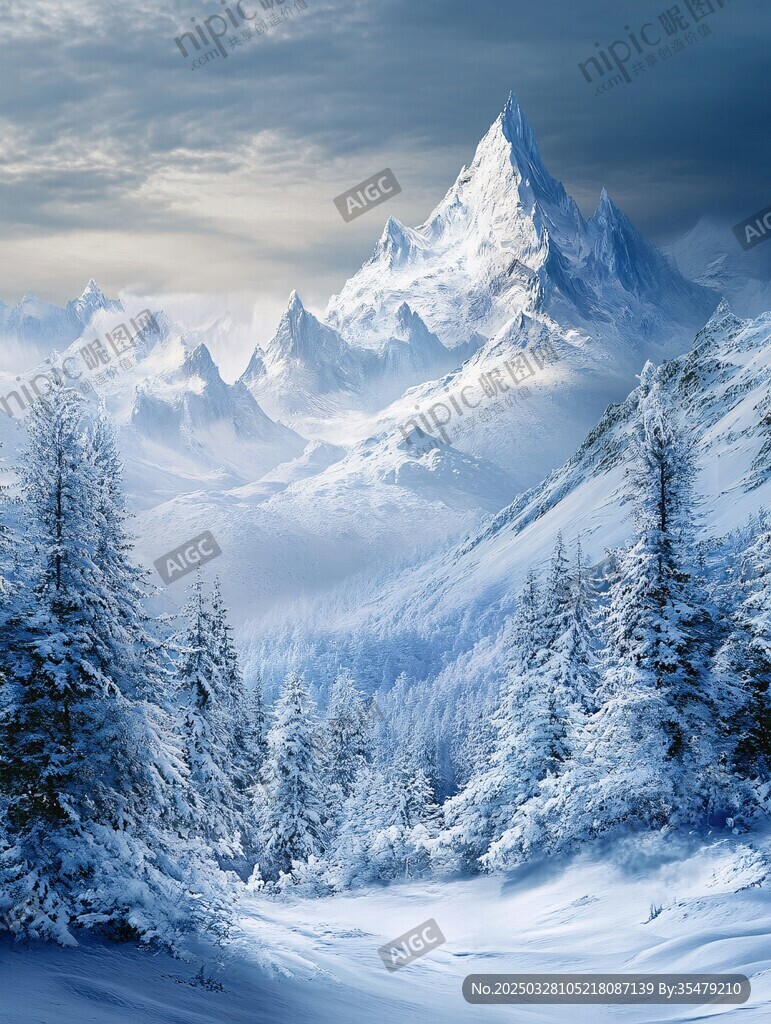 冬日雪山松林梦幻景致