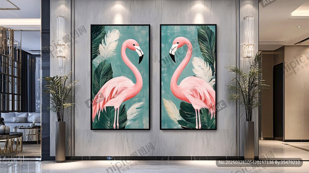 火烈鸟挂画装点现代客厅