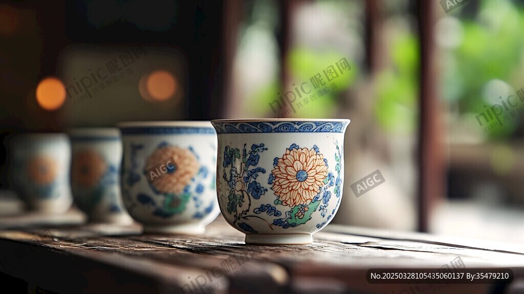 精美瓷杯陈列于古朴木桌