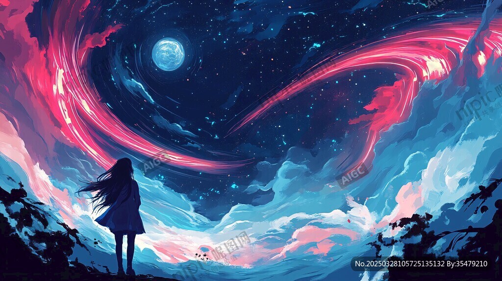 女孩凝望梦幻星空美景