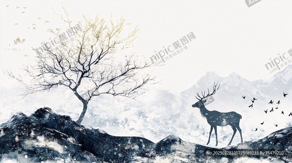 雪野孤鹿与枯树的景致