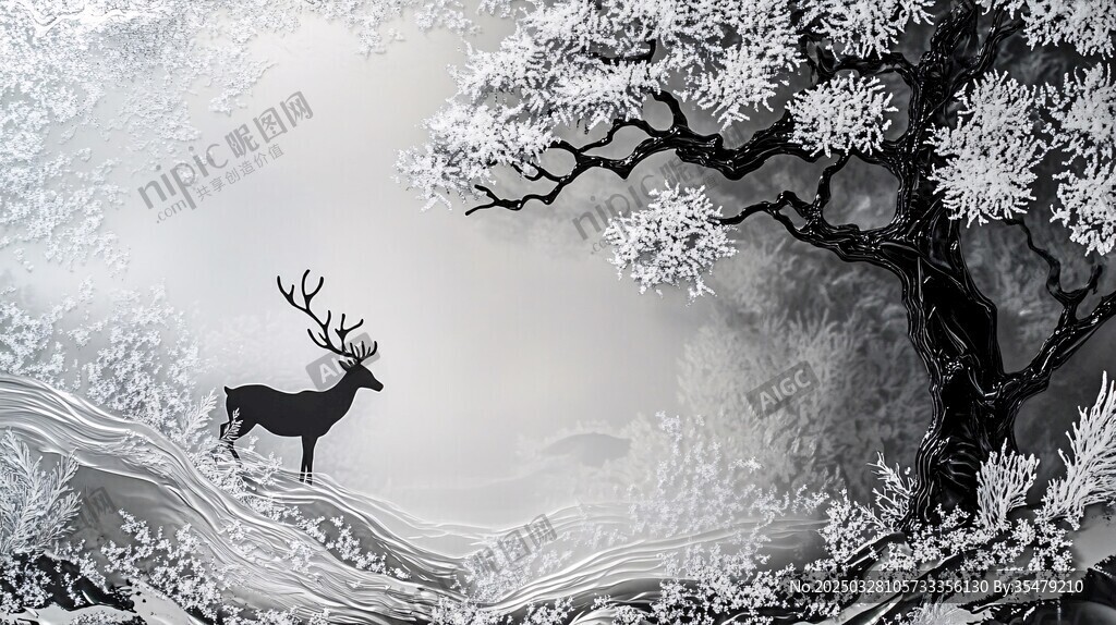 雪林孤鹿图