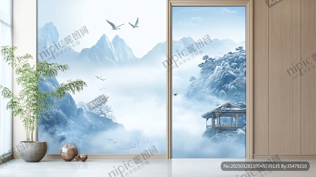 中式山水意境室内门壁画