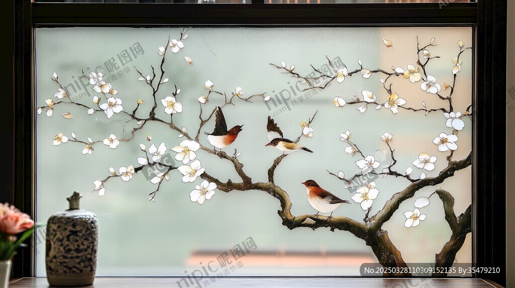 中式花鸟屏风雅致美景