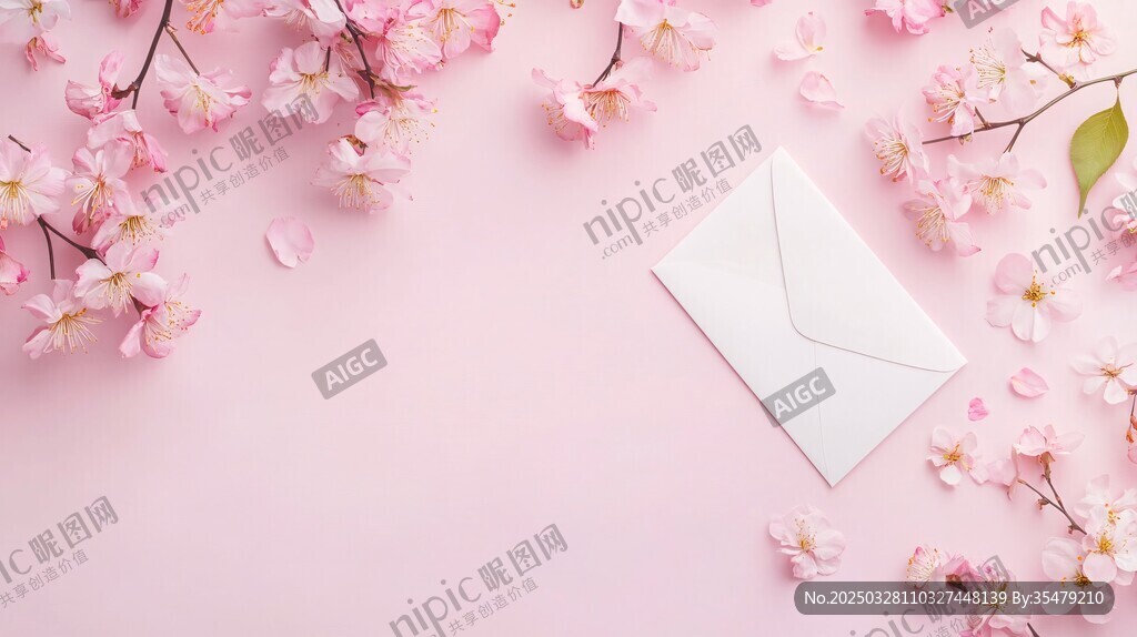 粉色背景下的樱花与信封