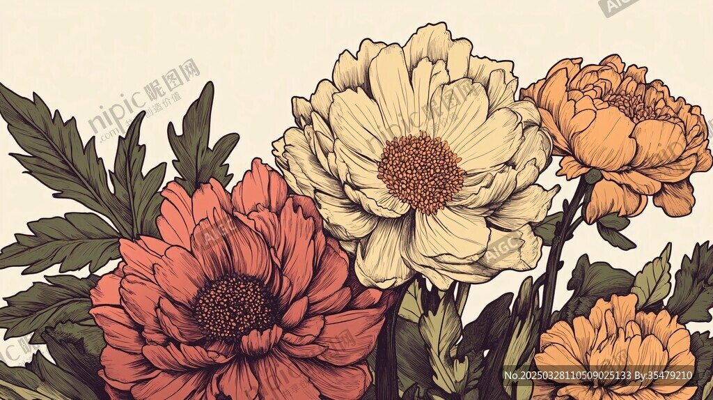 复古风多彩花卉插画
