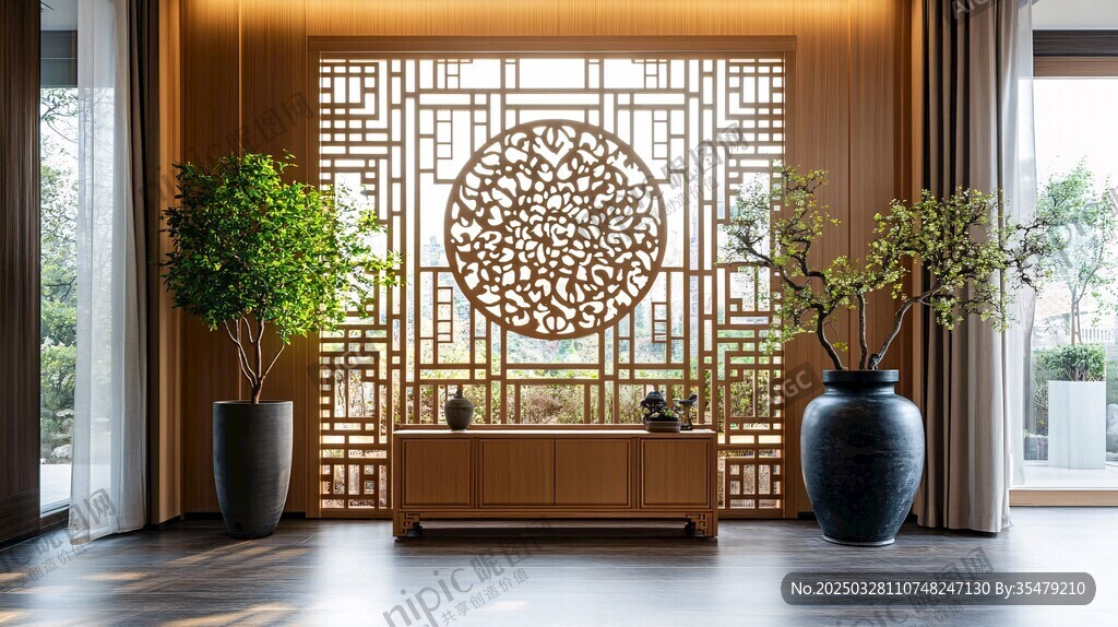 中式屏风玄关雅致绿植景