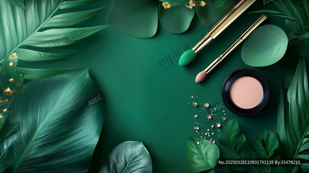 绿植环绕的精致美妆用品