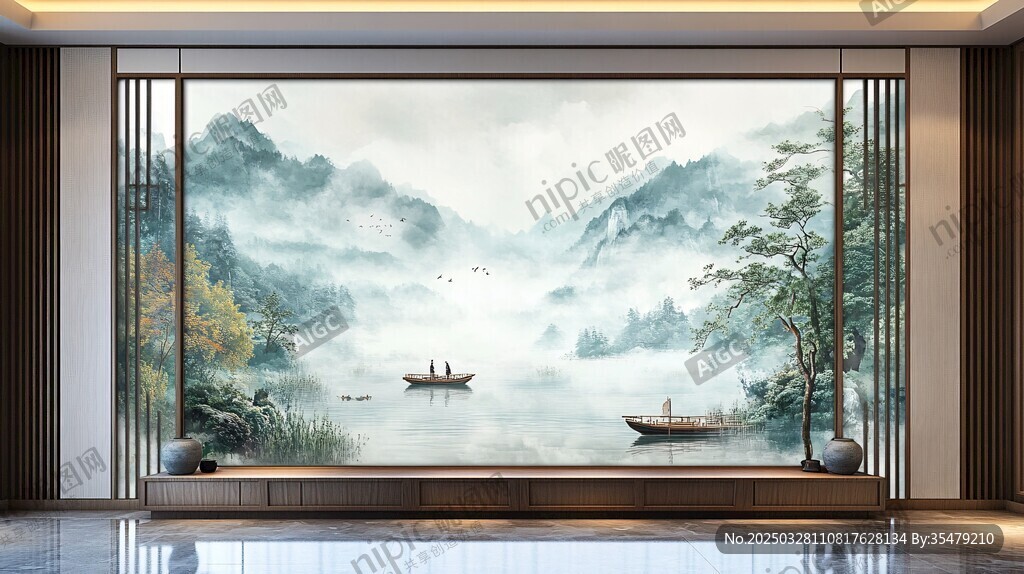 中式山水壁画 意境悠远