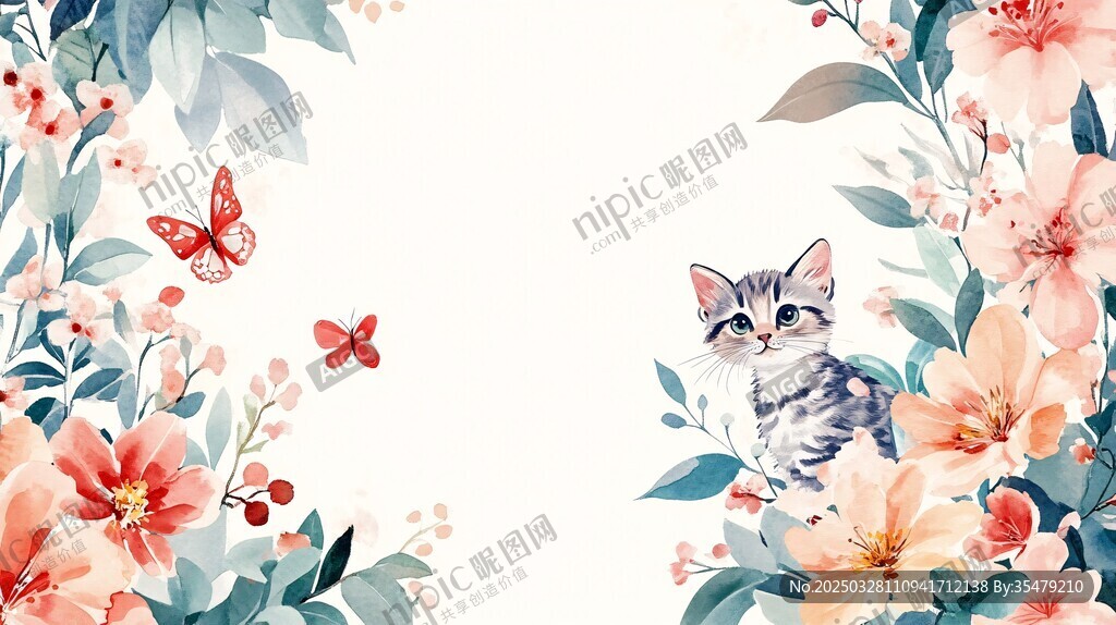 猫咪戏蝶于繁花之间