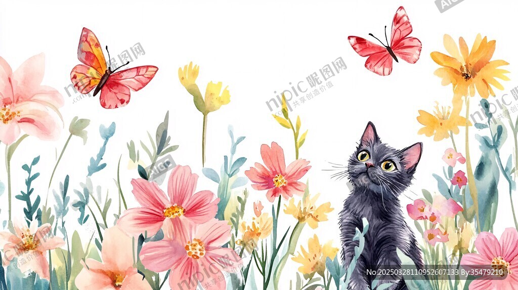 花丛中的猫咪与蝴蝶