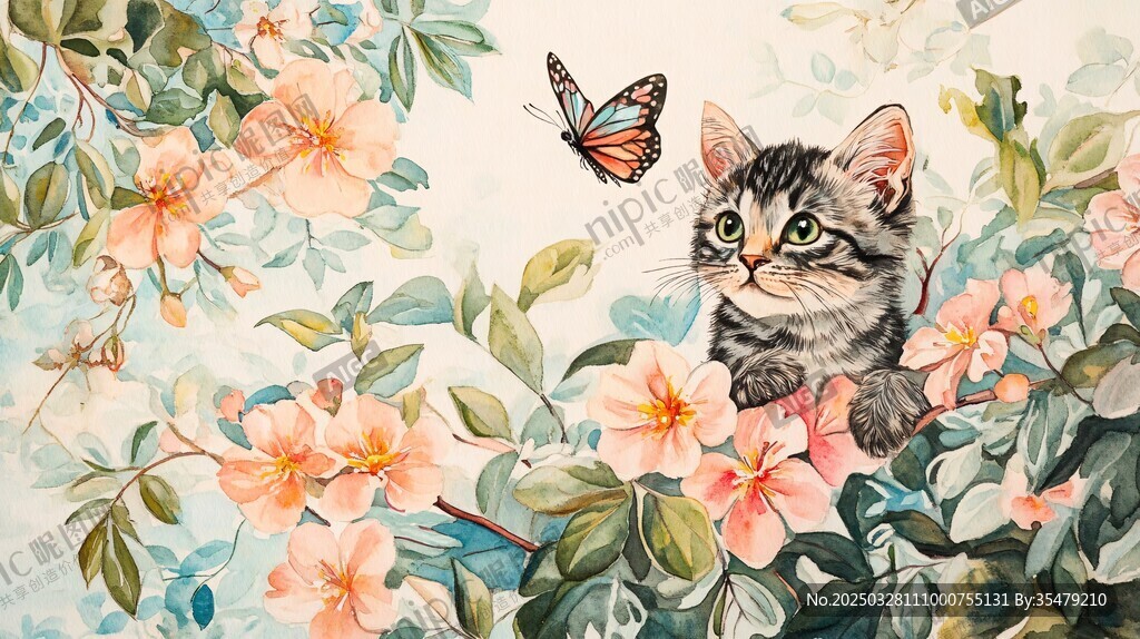花丛中的萌猫与蝴蝶