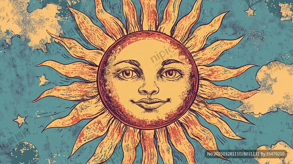 手绘复古风格太阳插画