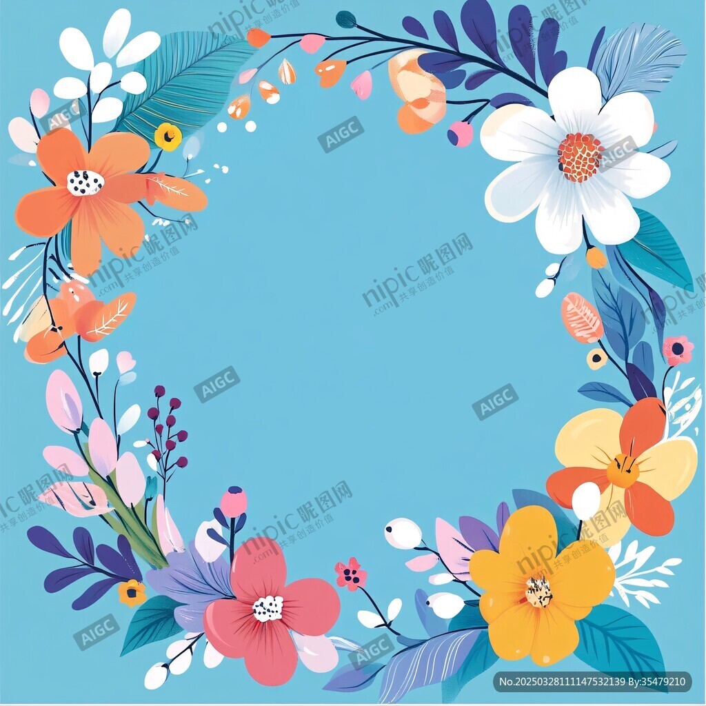蓝色背景多彩花卉花环图
