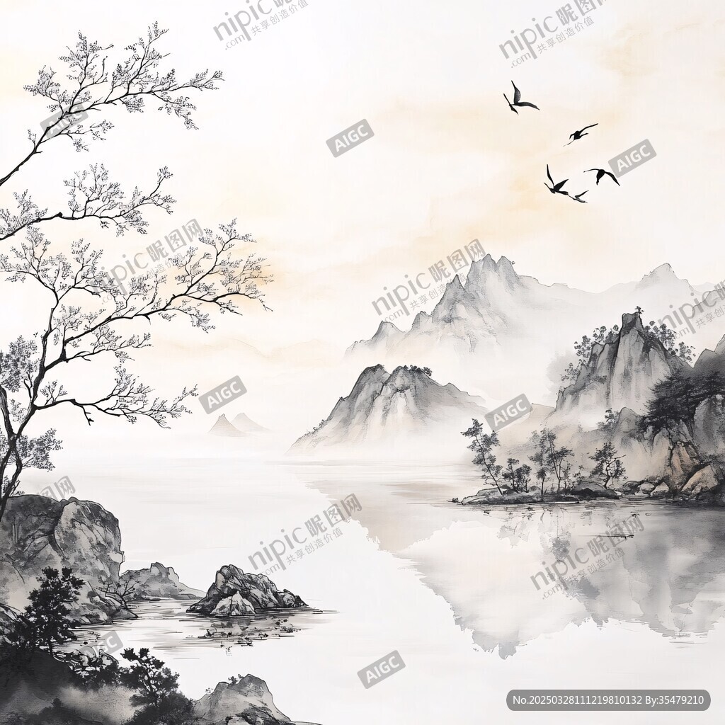水墨山水间飞鸟伴树景