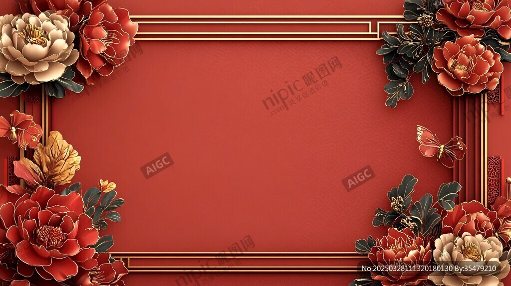 中式红底花卉边框装饰图