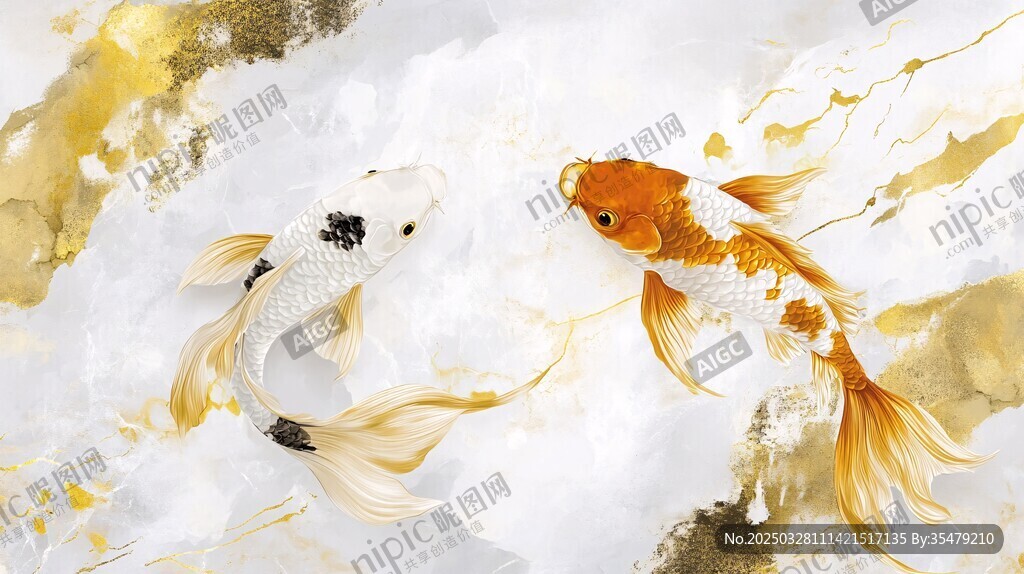 水墨双锦鲤 灵动绘金韵