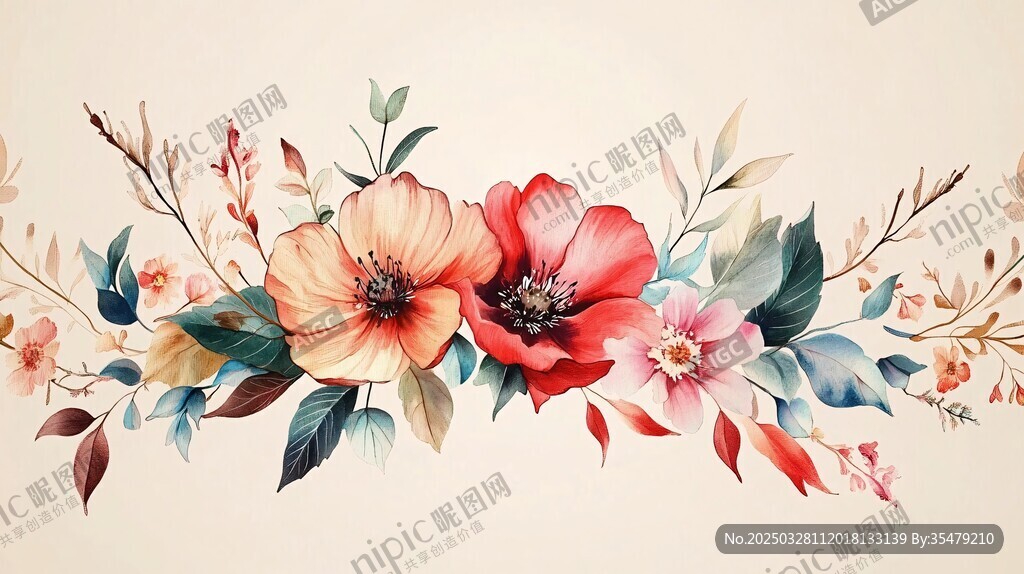 花卉水彩插画 缤纷花朵
