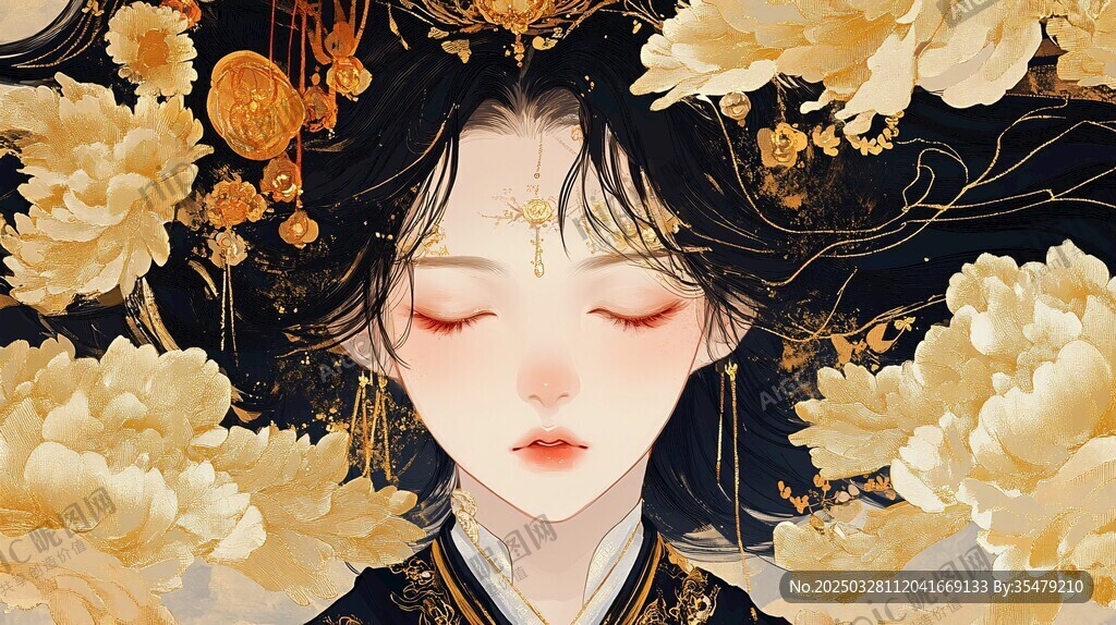 古风美人簪花闭目似梦仙