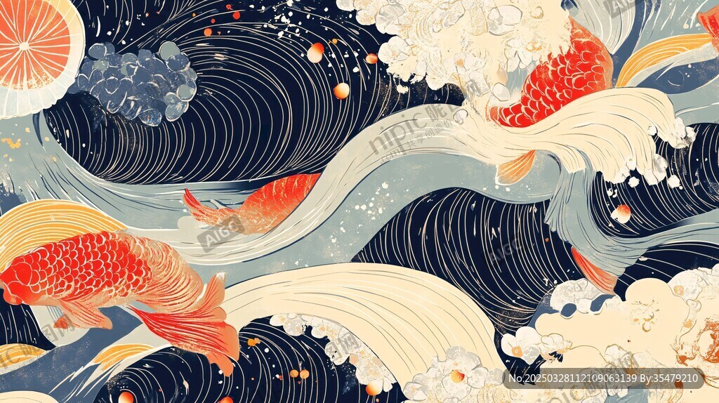 锦鲤戏浪 传统风插画