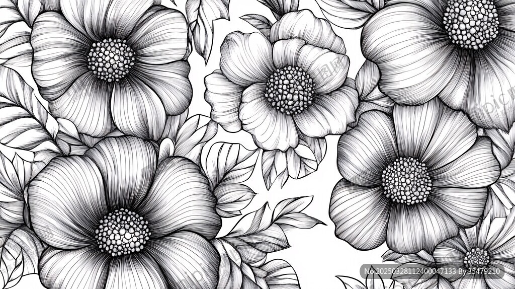 黑白花卉图案插画