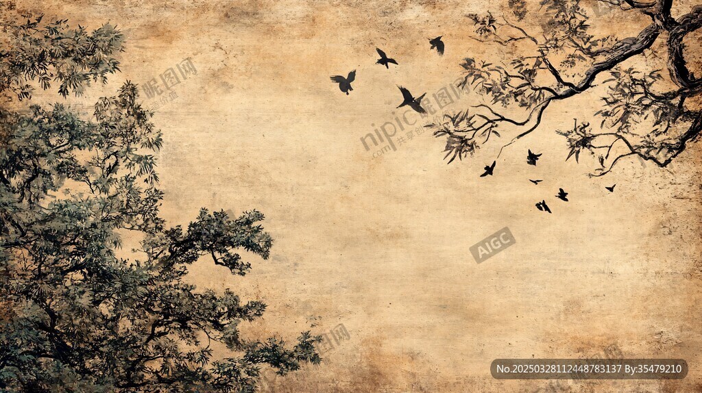 老树飞鸟 复古风背景图