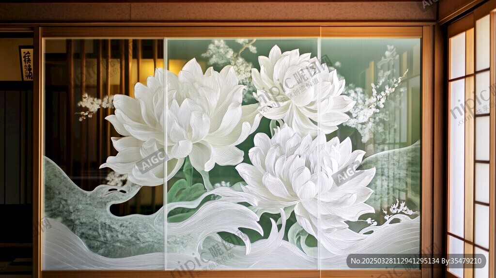 中式屏风上的素雅白莲花