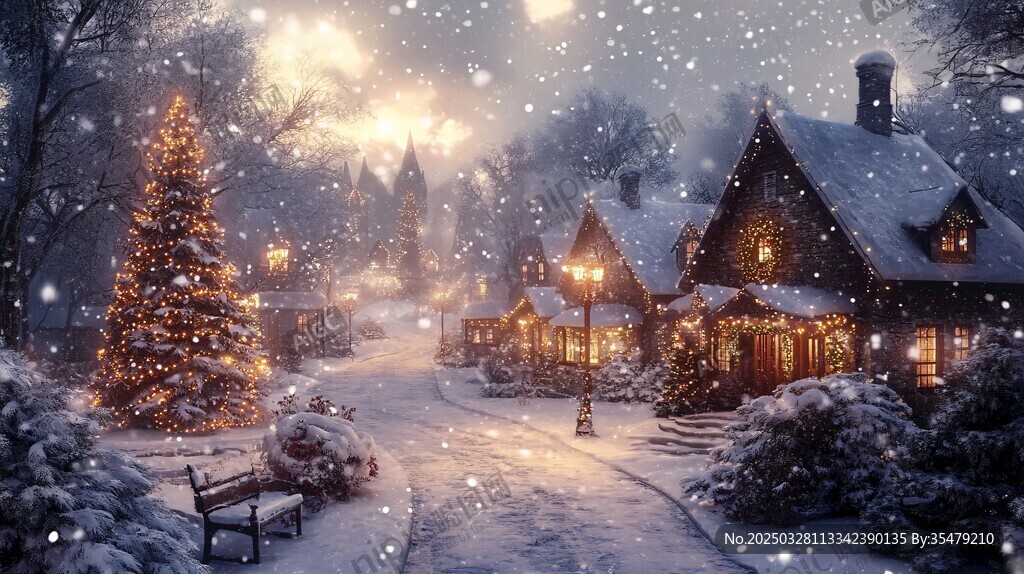雪夜中的温馨圣诞村庄