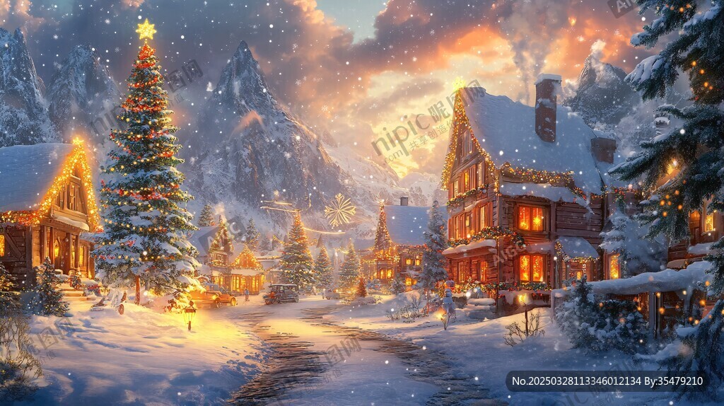 梦幻圣诞小镇雪景