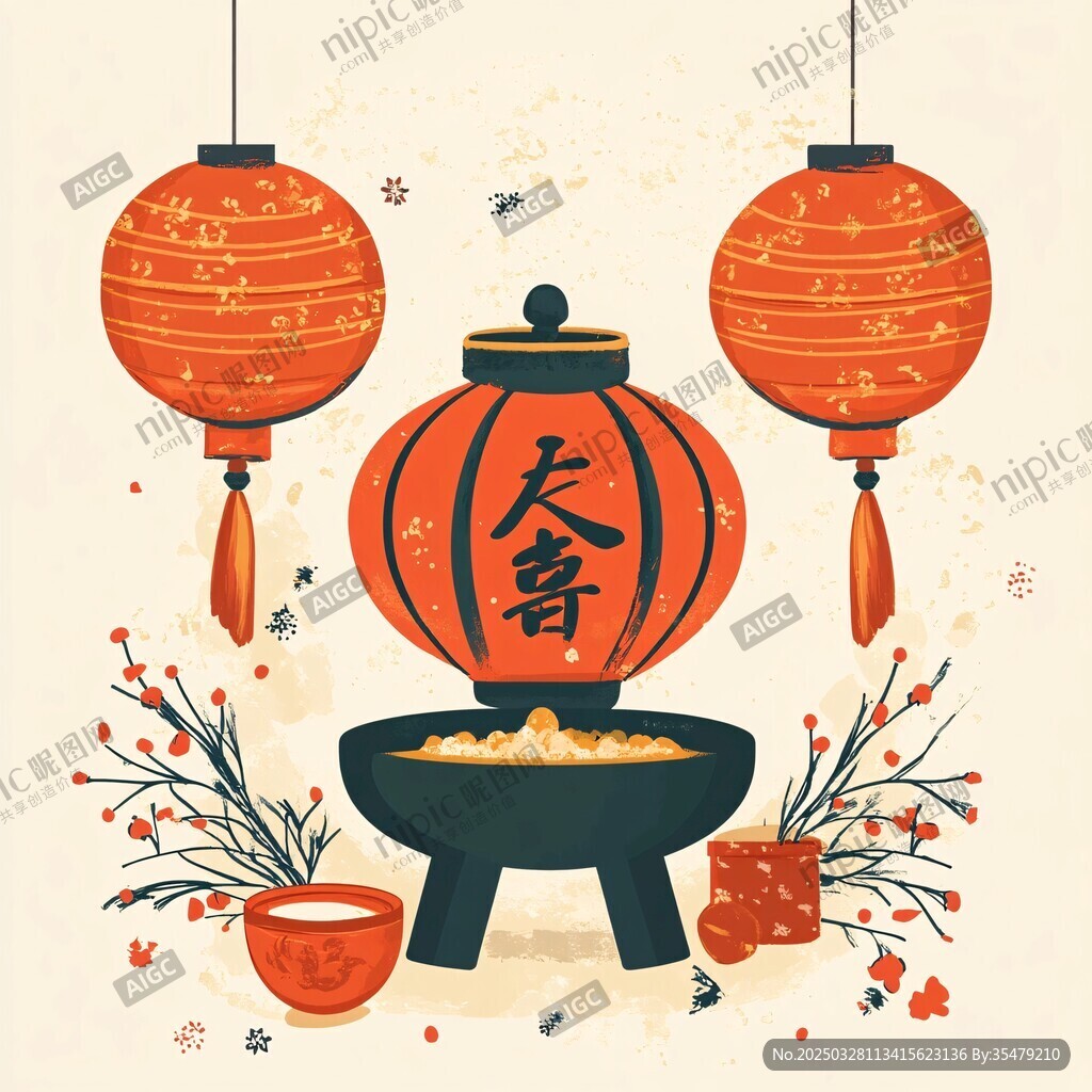 喜庆春节灯笼与炭火场景