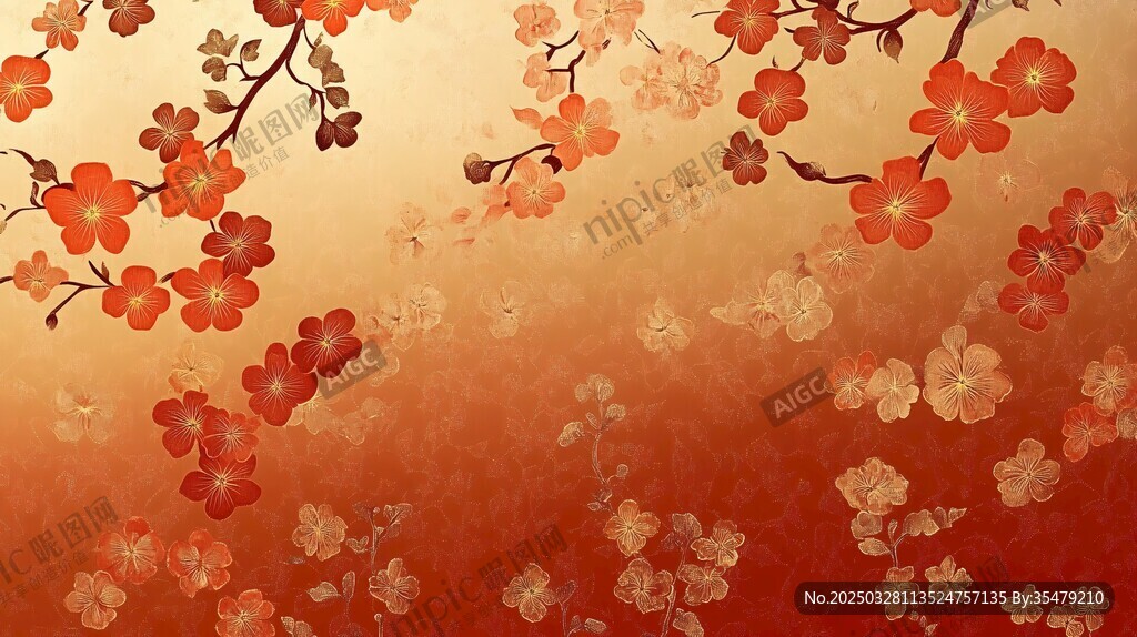 金色背景上的艳丽梅花图案