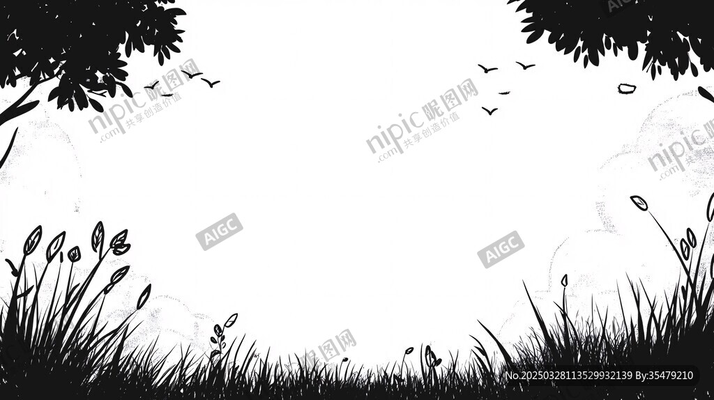黑白草地树木飞鸟风景图