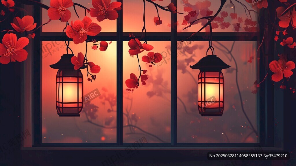 窗畔花灯映红梅