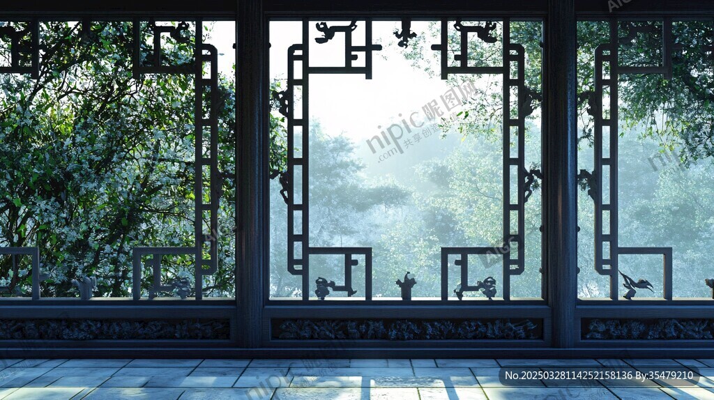 中式窗景 绿意盎然的景致