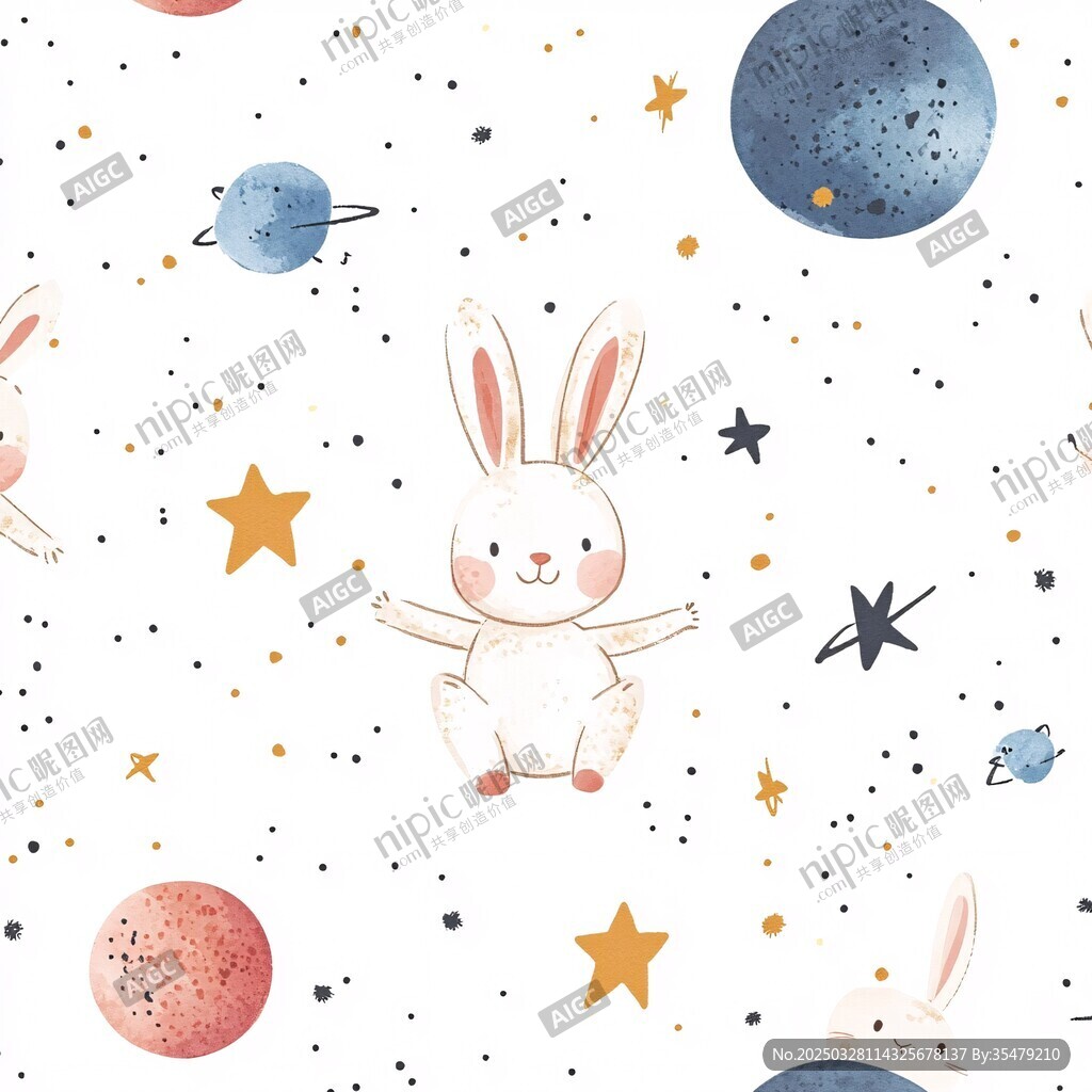 兔子与星球的梦幻水彩图案