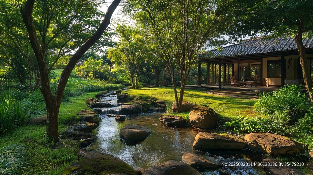 清幽溪边中式庭院景致
