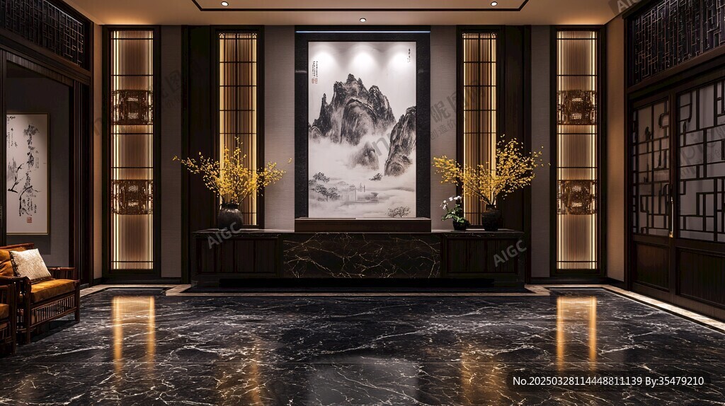 中式奢华大厅山水装饰景