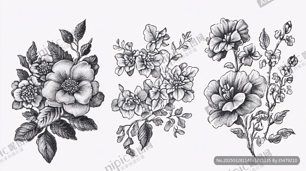 花卉黑白手绘插画集合
