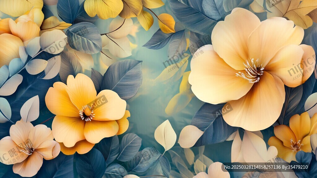 梦幻黄花朵叶背景图