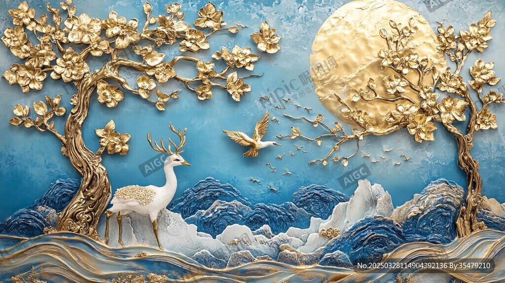 金枝玉鹿伴月山海图景