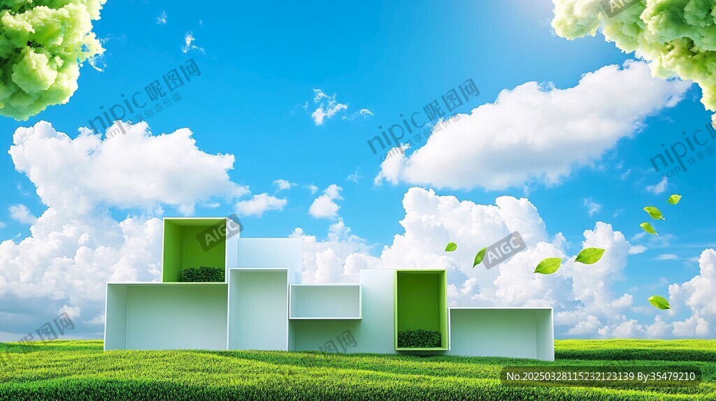 绿野上的清新几何建筑景观